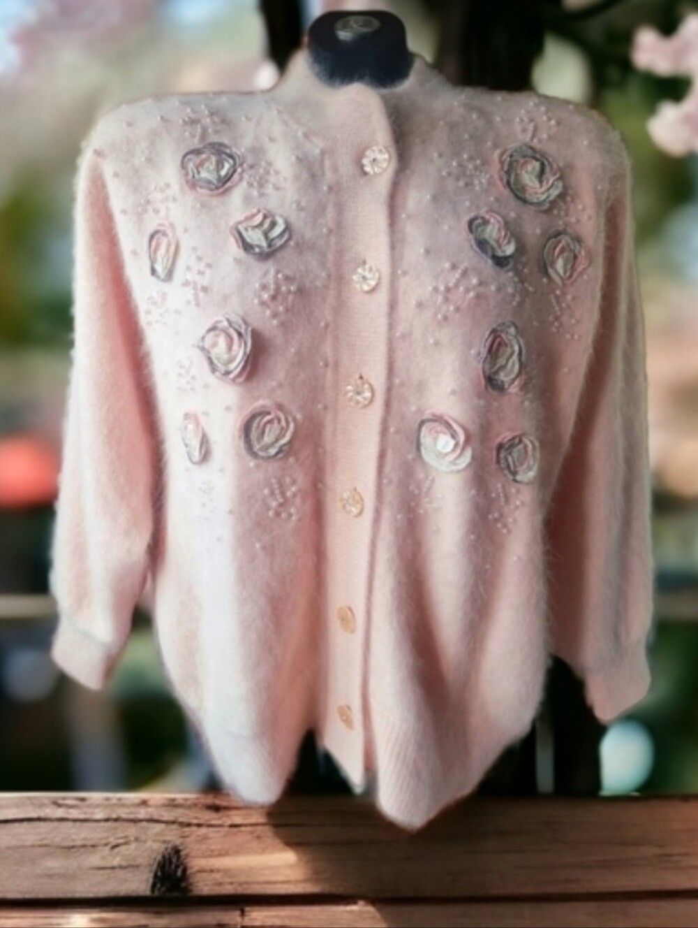 Vtg 90s Hand Made 80% Angora Lined Crochet & Pearl Embellished Cardigan Sweater